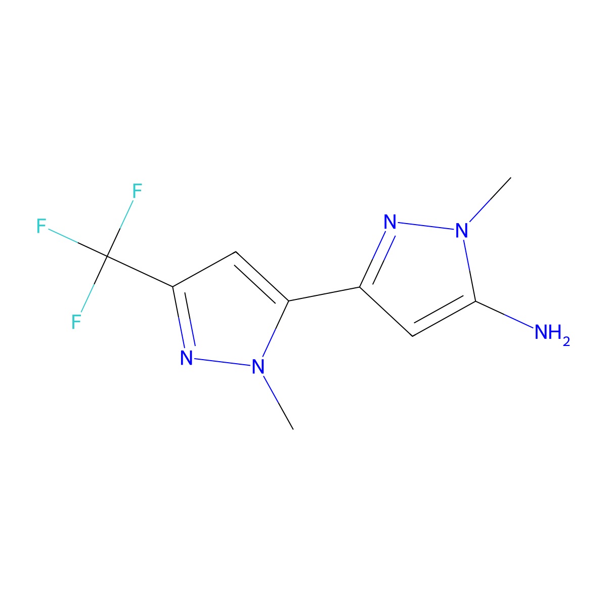1-methyl-3-[1-methyl-3-(trifluoromethyl)-1H-pyrazol-5-yl]-1H-pyrazol-5-amine molecular structure, CAS 2229346-69-2