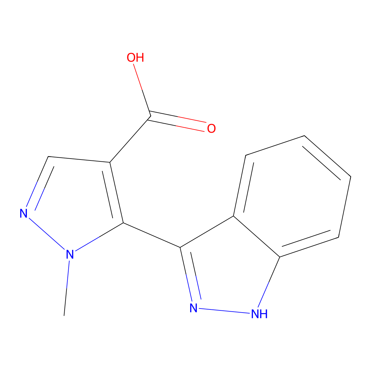 5-(1H-indazol-3-yl)-1-methyl-1H-pyrazole-4-carboxylic acid molecular structure, CAS 2229415-10-3
