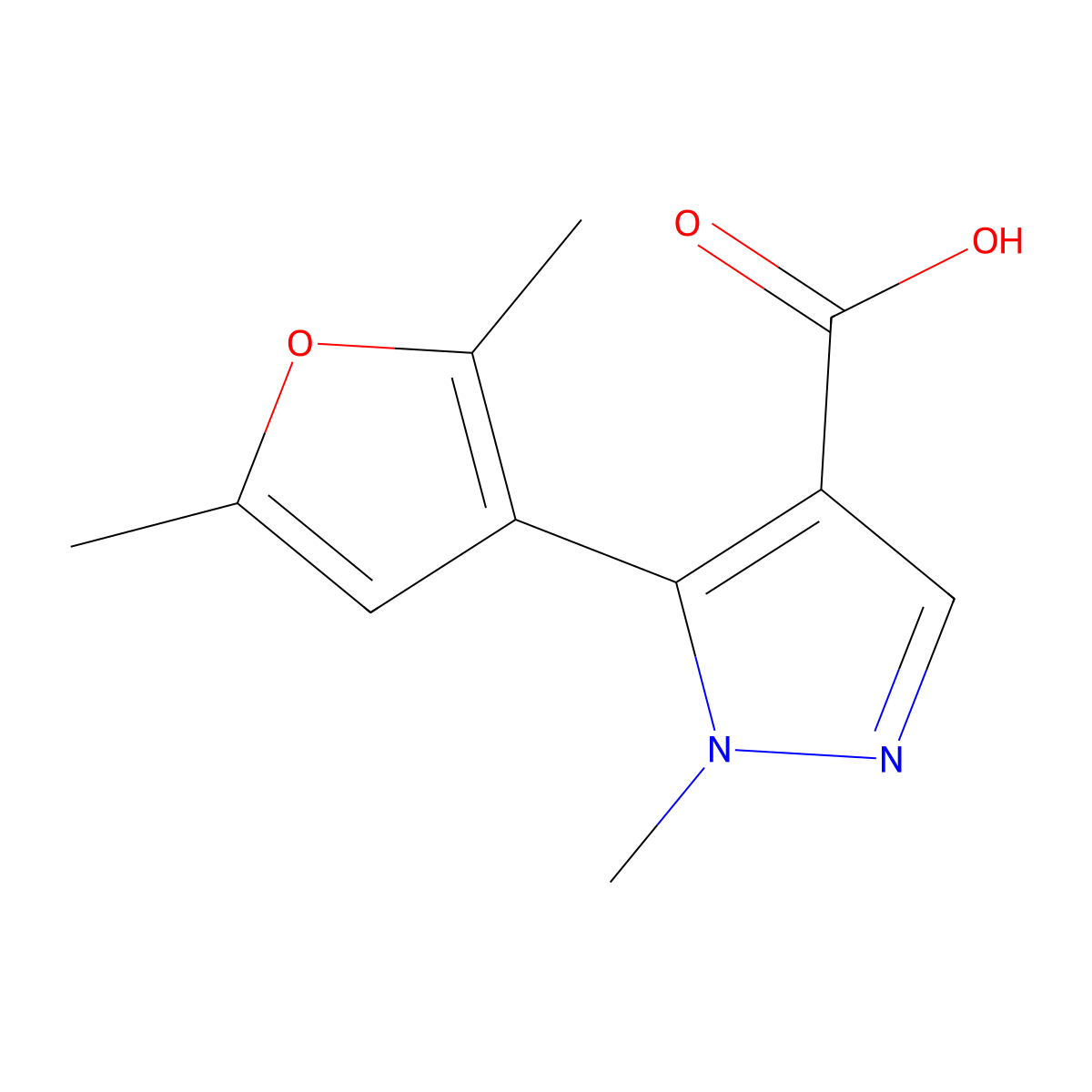 5-(2,5-dimethylfuran-3-yl)-1-methyl-1H-pyrazole-4-carboxylic acid molecular structure, CAS 2229424-59-1