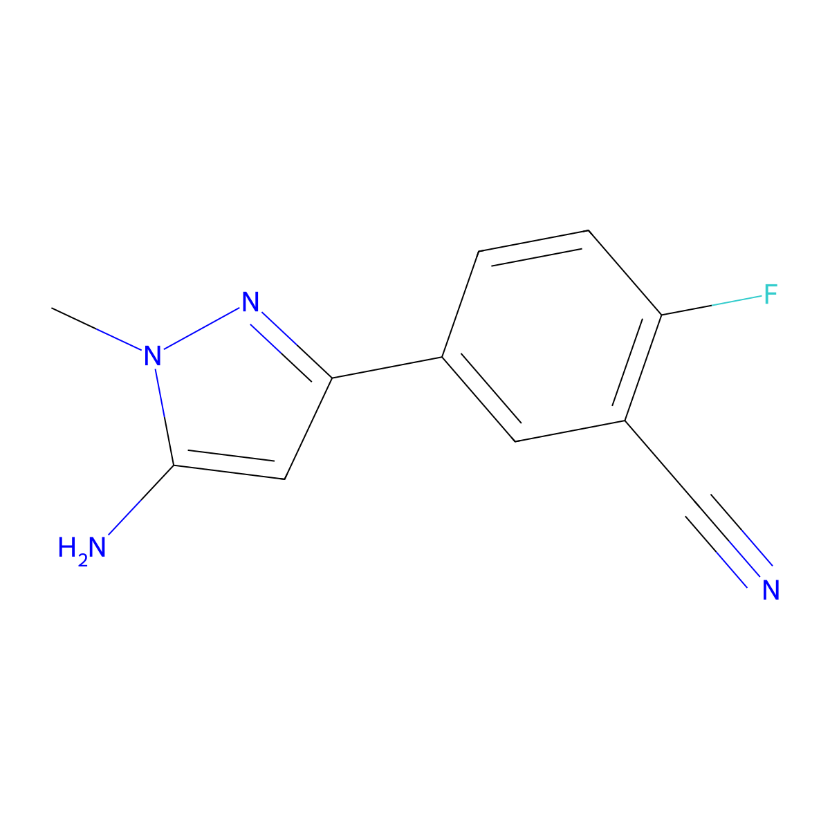 5-(5-amino-1-methyl-1H-pyrazol-3-yl)-2-fluorobenzonitrile molecular structure, CAS 2229429-13-2