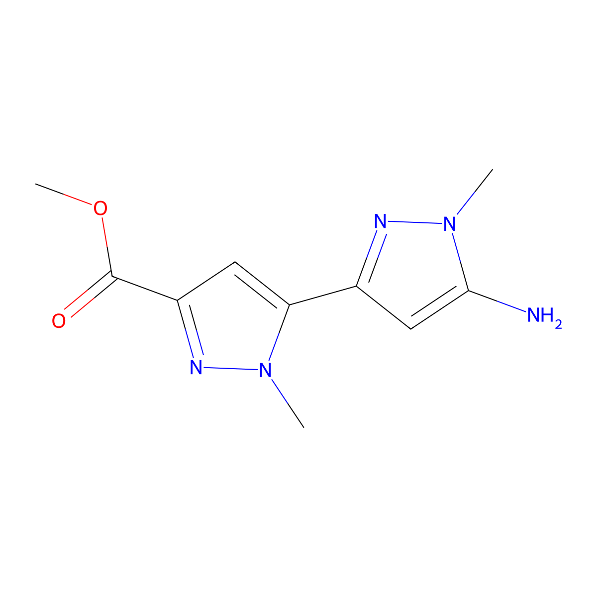 methyl 5-(5-amino-1-methyl-1H-pyrazol-3-yl)-1-methyl-1H-pyrazole-3-carboxylate molecular structure, CAS 2229429-51-8