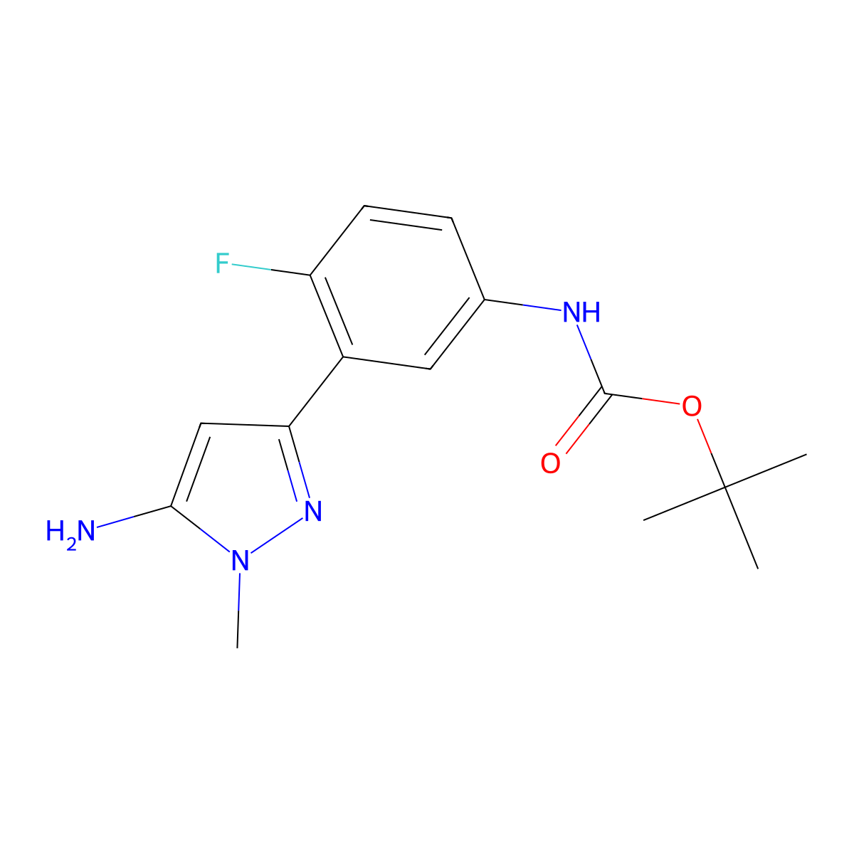 tert-butyl N-[3-(5-amino-1-methyl-1H-pyrazol-3-yl)-4-fluorophenyl]carbamate molecular structure, CAS 2229437-17-4