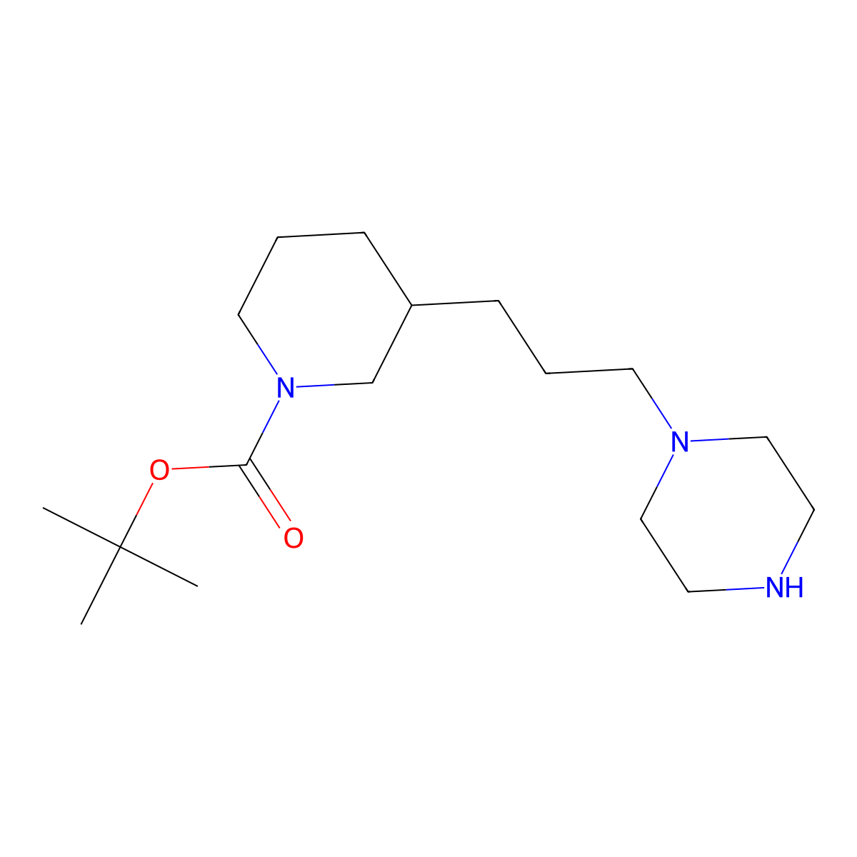 Tert-butyl 3-[3-(piperazin-1-yl)propyl]piperidine-1-carboxylate molecular structure, CAS 2229438-28-0