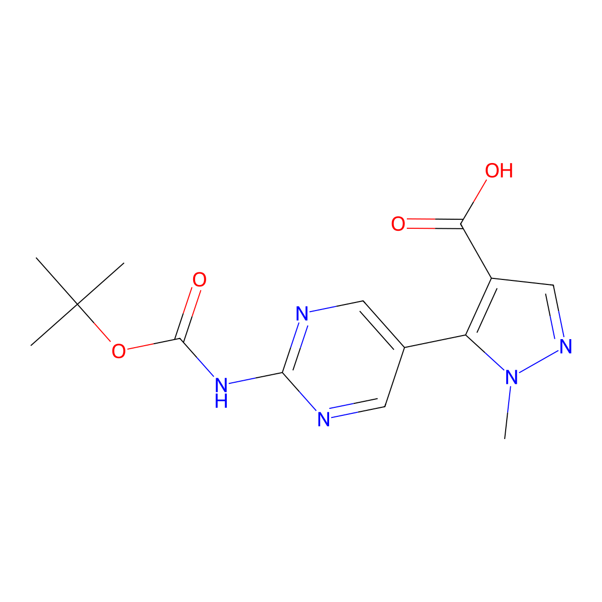5-(2-{[(tert-butoxy)carbonyl]amino}pyrimidin-5-yl)-1-methyl-1H-pyrazole-4-carboxylic acid molecular structure, CAS 2229484-21-1