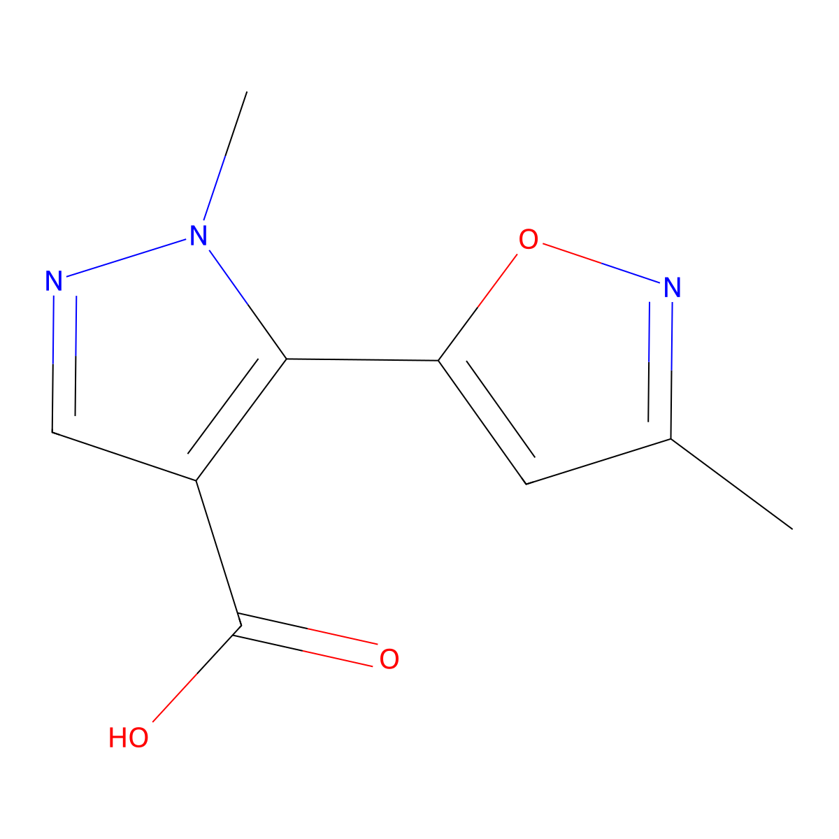 1-methyl-5-(3-methyl-1,2-oxazol-5-yl)-1H-pyrazole-4-carboxylic acid molecular structure, CAS 2229485-36-1