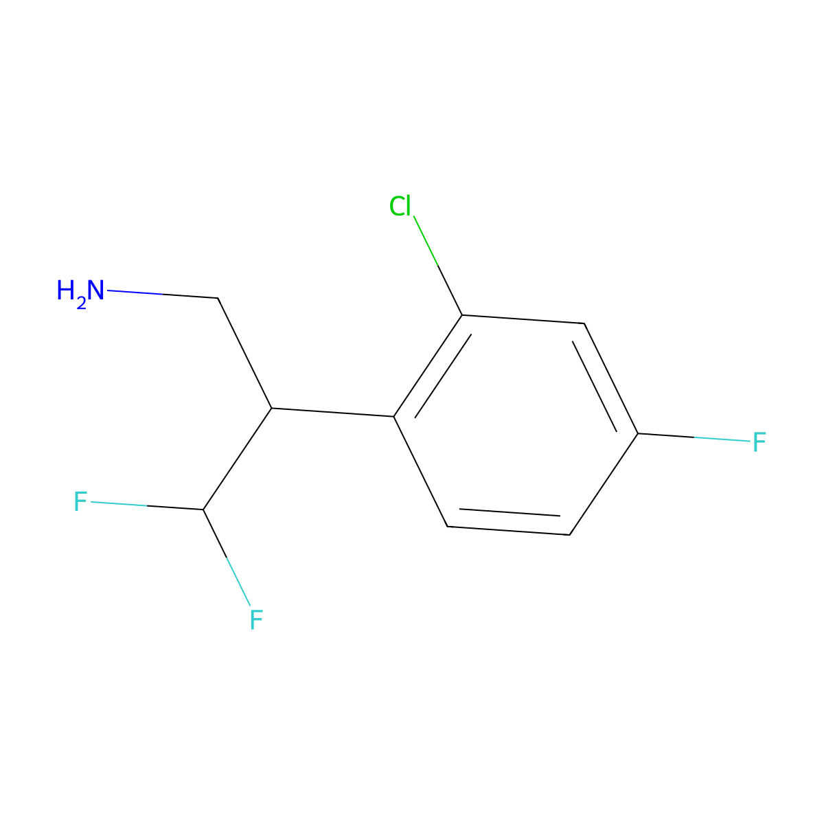 2-(2-Chloro-4-fluorophenyl)-3,3-difluoropropan-1-amine molecular structure, CAS 2229512-40-5