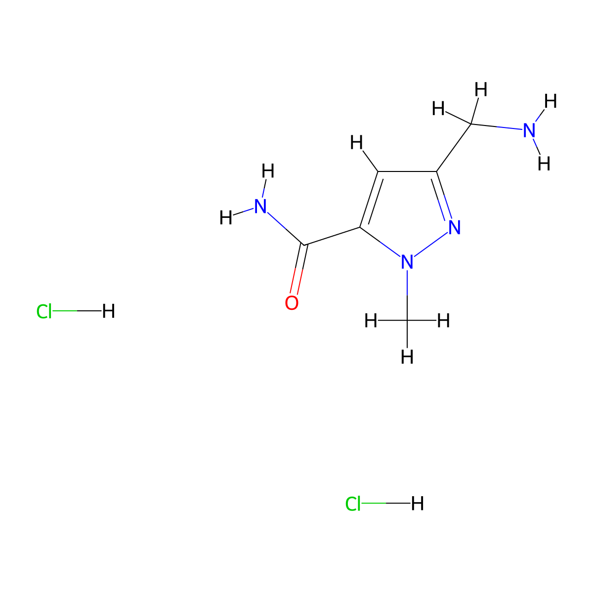 3-(aminomethyl)-1-methyl-1H-pyrazole-5-carboxamide dihydrochloride molecular structure, CAS 2229558-64-7