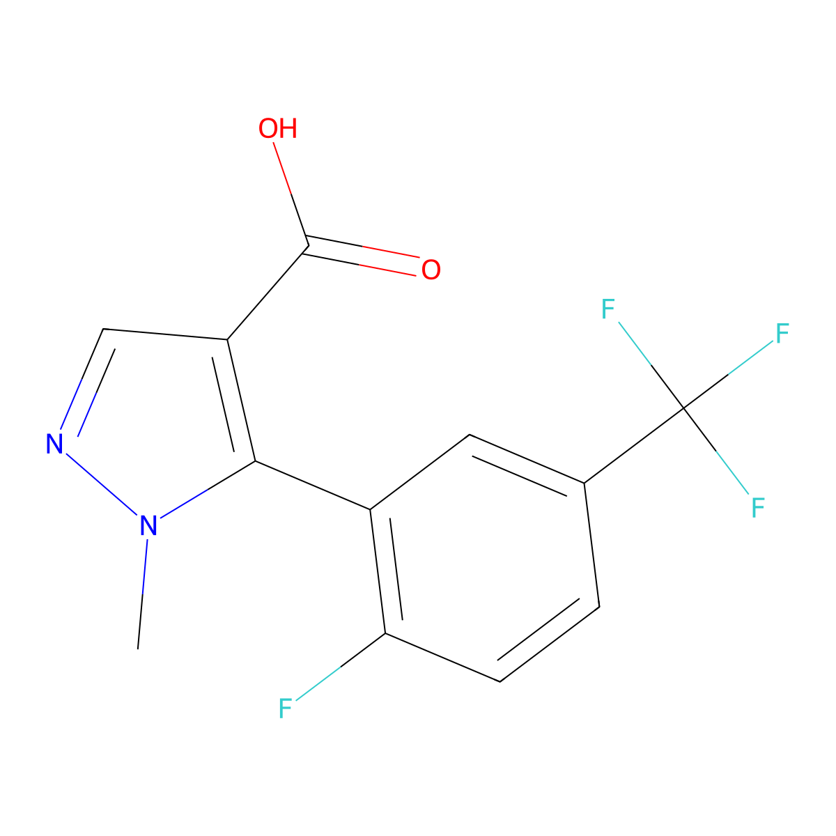 5-[2-fluoro-5-(trifluoromethyl)phenyl]-1-methyl-1H-pyrazole-4-carboxylic acid molecular structure, CAS 2229575-30-6