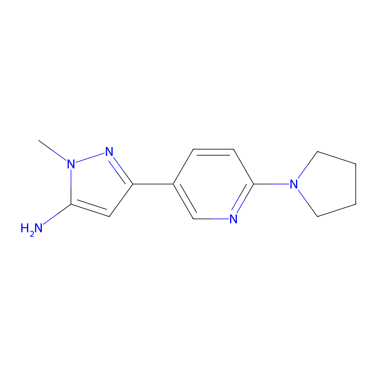 1-methyl-3-[6-(pyrrolidin-1-yl)pyridin-3-yl]-1H-pyrazol-5-amine molecular structure, CAS 2229637-89-0
