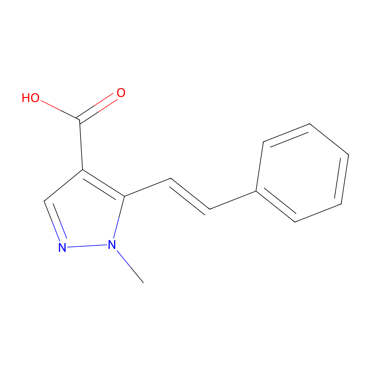 1-methyl-5-(2-phenylethenyl)-1H-pyrazole-4-carboxylic acid molecular structure, CAS 2229648-07-9
