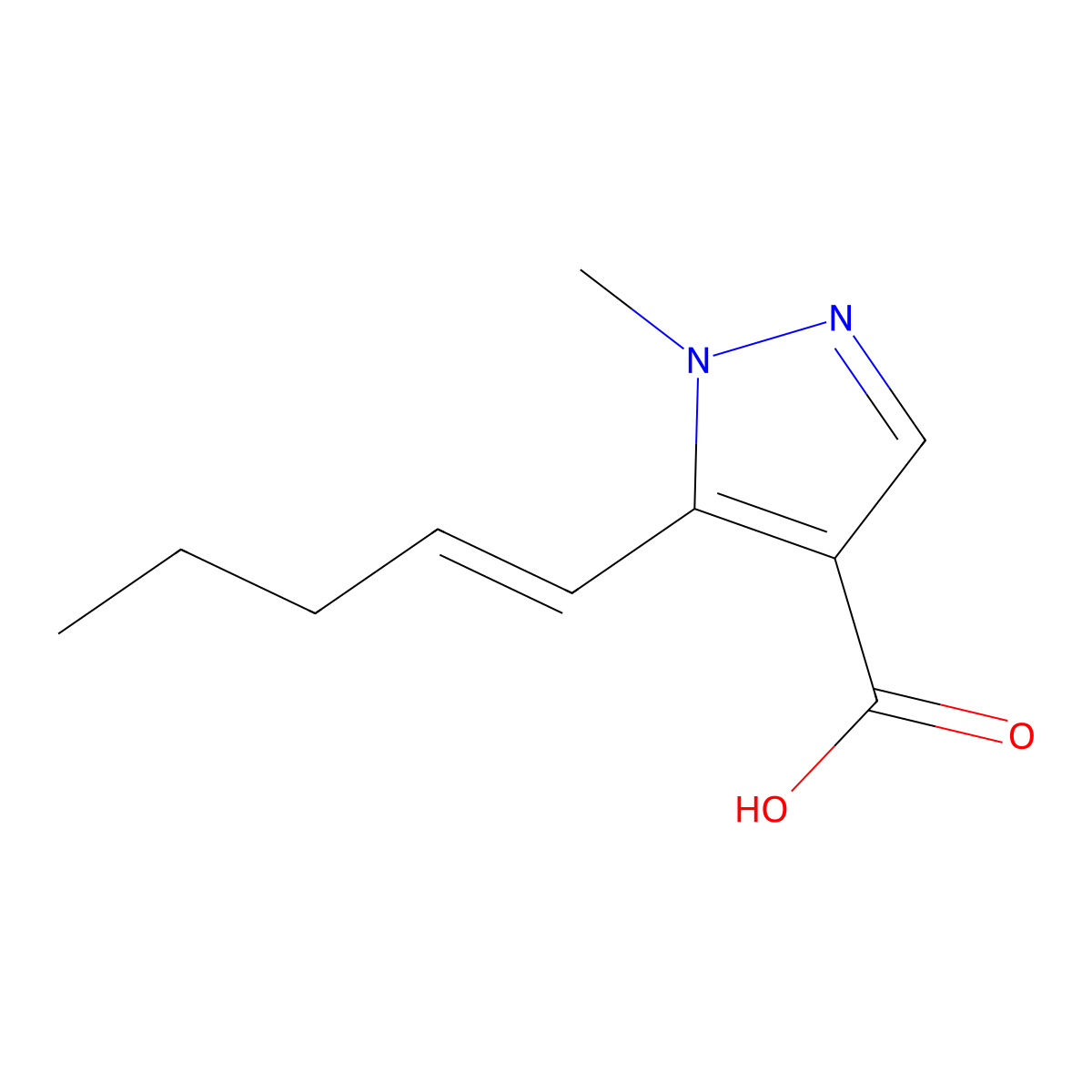 1-methyl-5-(pent-1-en-1-yl)-1H-pyrazole-4-carboxylic acid molecular structure, CAS 2229659-88-3
