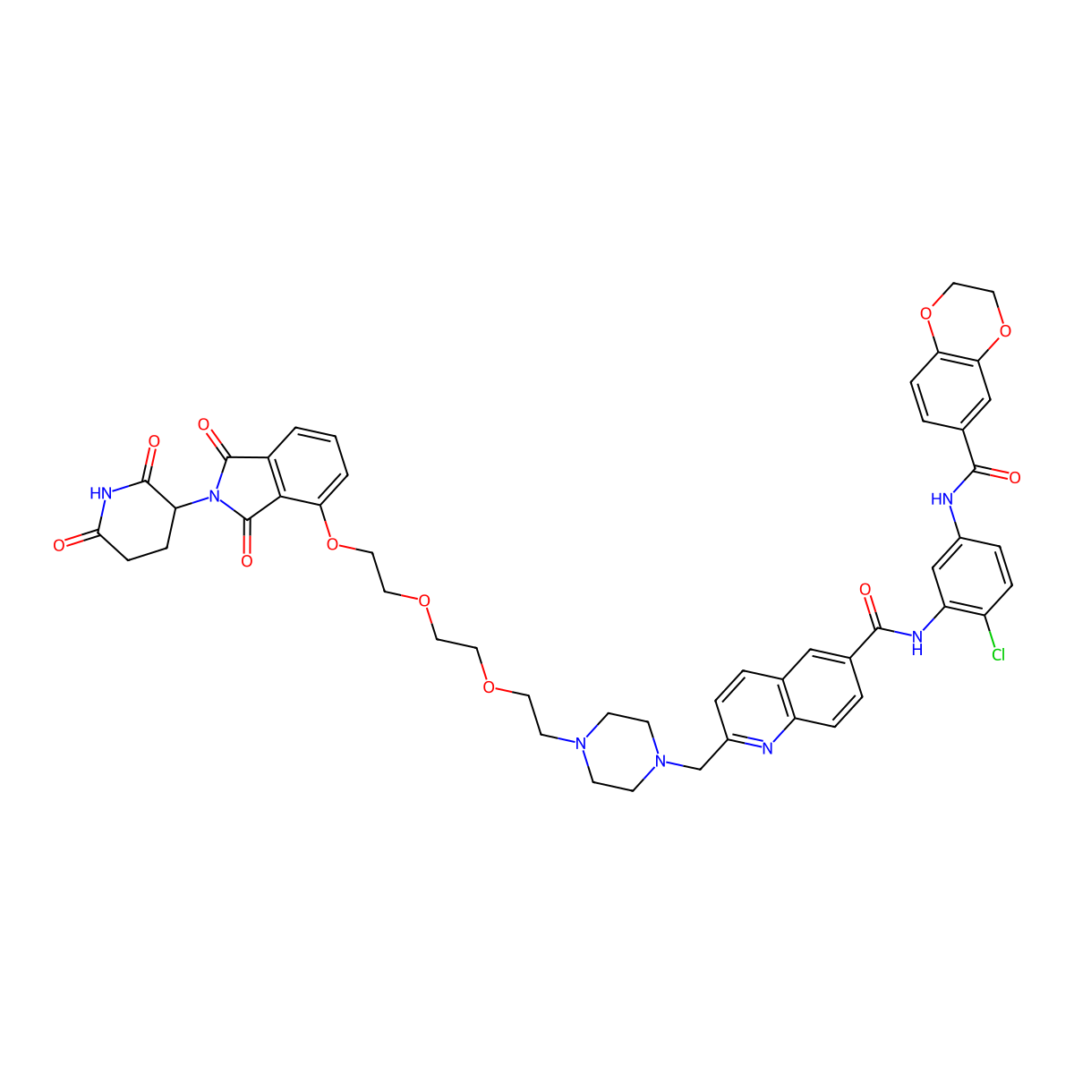 N-(2-Chloro-5-(2,3-dihydrobenzo[b][1,4]dioxine-6-carboxamido)phenyl)-2-((4-(2-(2-(2-((2-(2,6-dioxopiperidin-3-yl)-1,3-dioxoisoindolin-4-yl)oxy)ethoxy)ethoxy)ethyl)piperazin-1-yl)methyl)quinoline-6-carboxamide molecular structure, CAS 2229856-58-8