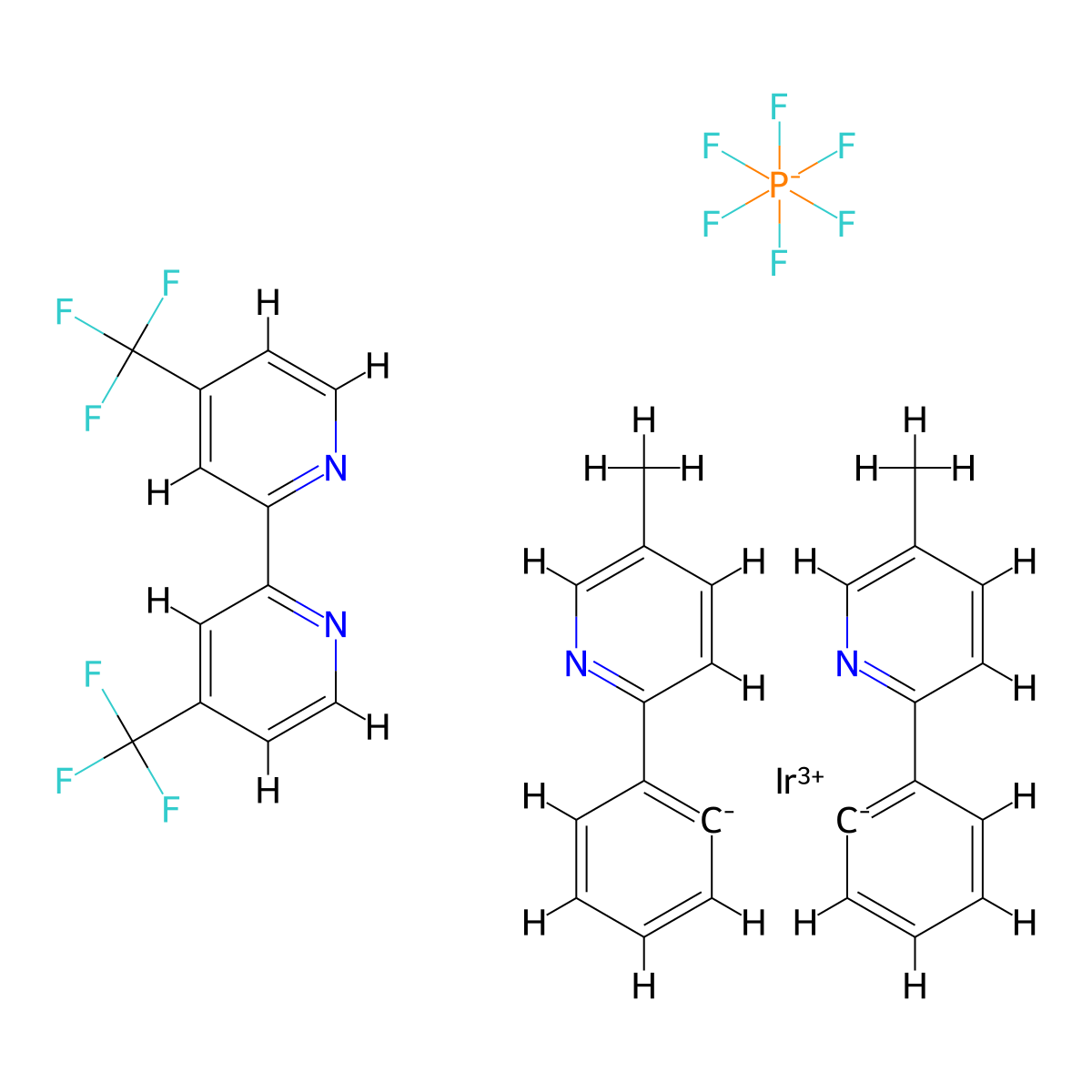 4,4'-Bis(trifluoromethyl)-2,2'-bipyridinebis[3,5-difluoro-2-[5-methyl-2-pyridinyl)phenyl] iridium(III) hexafluorophosphate , Ir[dFMeppy]2-(4,4'-dCF3bpy)PF6 molecular structure, CAS 2229858-27-7