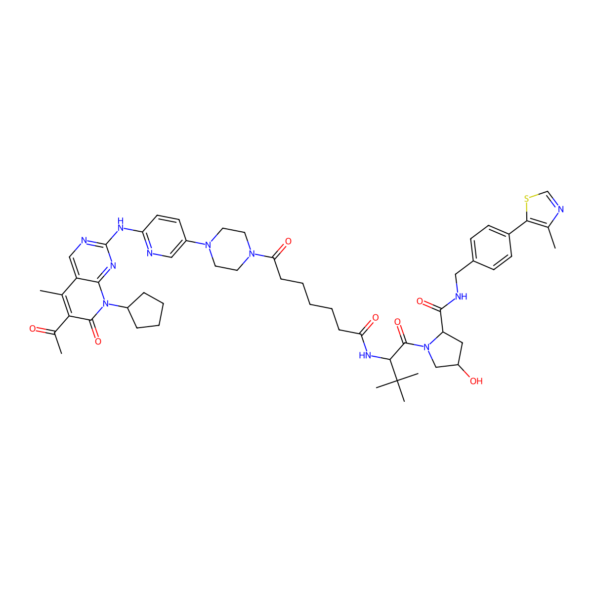 (2S,4R)-1-((S)-2-(7-(4-(6-((6-Acetyl-8-cyclopentyl-5-methyl-7-oxo-7,8-dihydropyrido[2,3-d]pyrimidin-2-yl)amino)pyridin-3-yl)piperazin-1-yl)-7-oxoheptanamido)-3,3-dimethylbutanoyl)-4-hydroxy-N-(4-(4-methylthiazol-5-yl)benzyl)pyrrolidine-2-carboxamide molecular structure, CAS 2229974-73-4