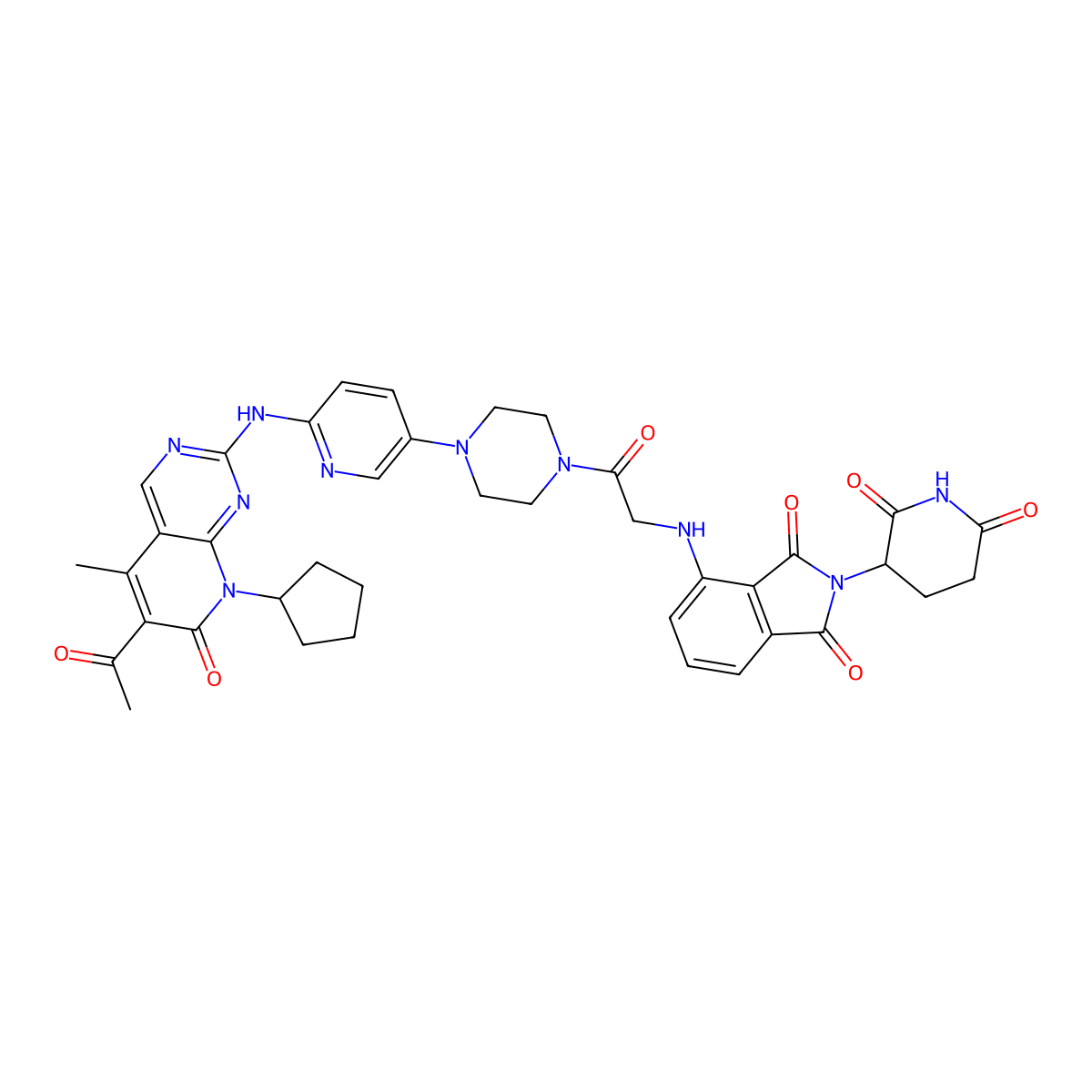 4-((2-(4-(6-((6-Acetyl-8-cyclopentyl-5-methyl-7-oxo-7,8-dihydropyrido[2,3-d]pyrimidin-2-yl)amino)pyridin-3-yl)piperazin-1-yl)-2-oxoethyl)amino)-2-(2,6-dioxopiperidin-3-yl)isoindoline-1,3-dione molecular structure, CAS 2229974-83-6