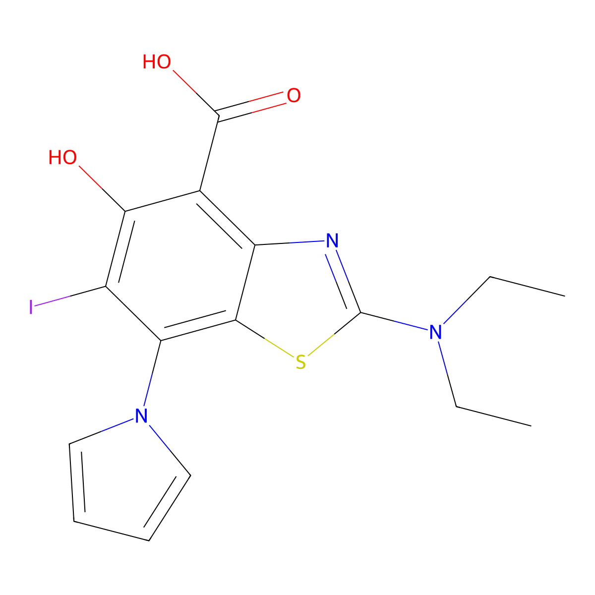 2-(Diethylamino)-6-iodanyl-5-oxidanyl-7-pyrrol-1-yl-1,3-benzothiazole-4-carboxylic acid molecular structure, CAS 2230044-57-0
