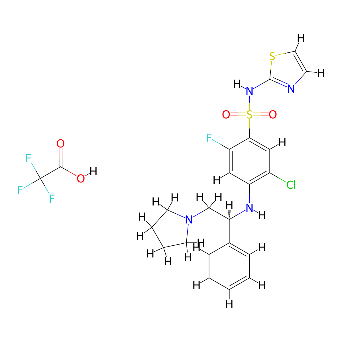 (S)-5-chloro-2-fluoro-4-((1-phenyl-2-(pyrrolidin-1-yl)ethyl)amino)-N-(thiazol-2-yl)benzenesulfonamide trifluoroacetate molecular structure, CAS 2230142-12-6