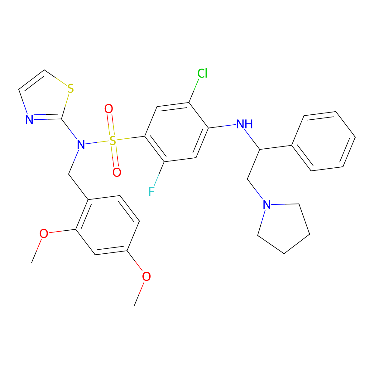(S)-5-chloro-N-(2,4-dimethoxybenzyl)-2-fluoro-4-((1-phenyl-2-(pyrrolidin-1-yl)ethyl)amino)-N-(thiazol-2-yl)benzenesulfonamide molecular structure, CAS 2230146-91-3