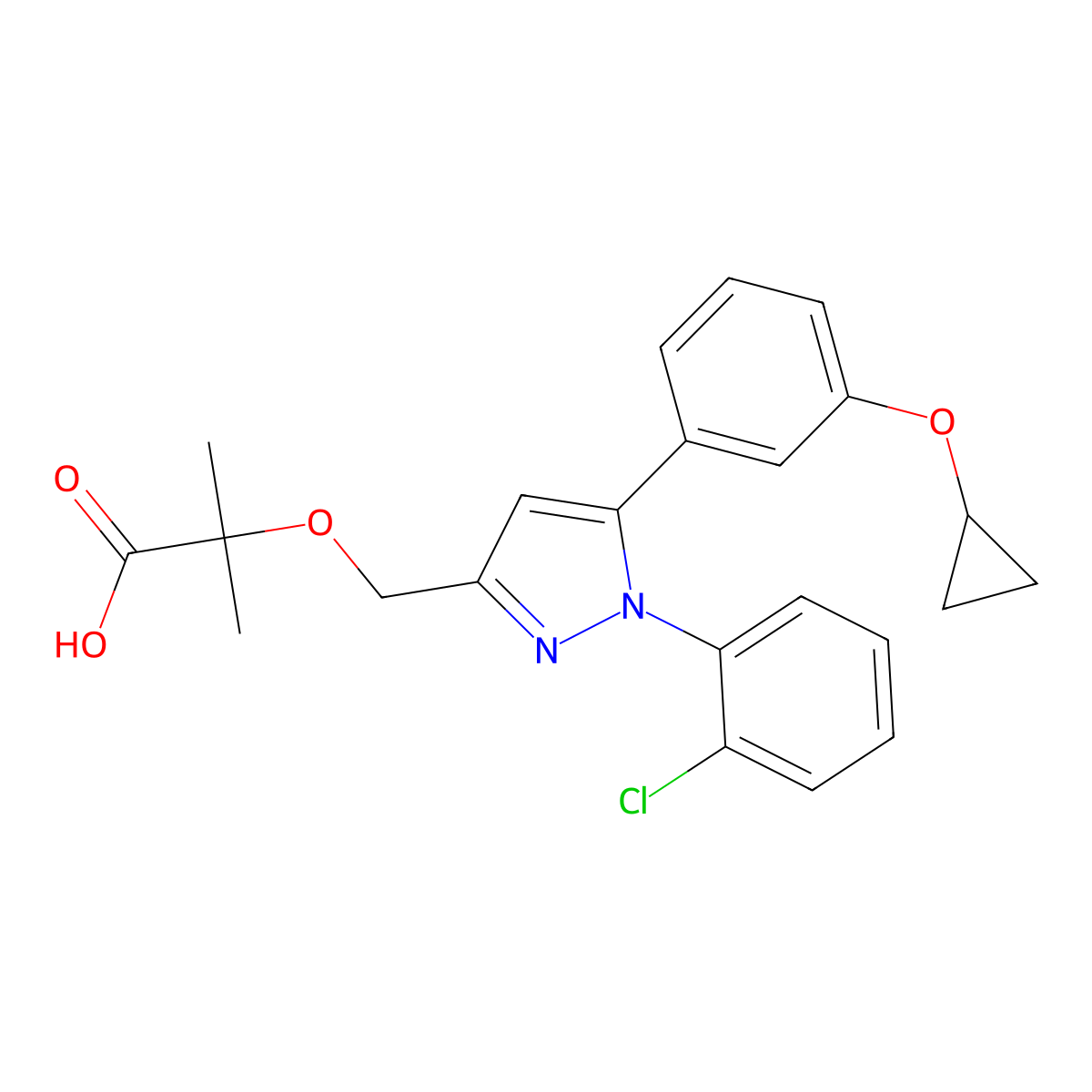 2-((1-(2-Chlorophenyl)-5-(3-cyclopropoxyphenyl)-1H-pyrazol-3-yl)methoxy)-2-methylpropanoic acid molecular structure, CAS 2230186-18-0