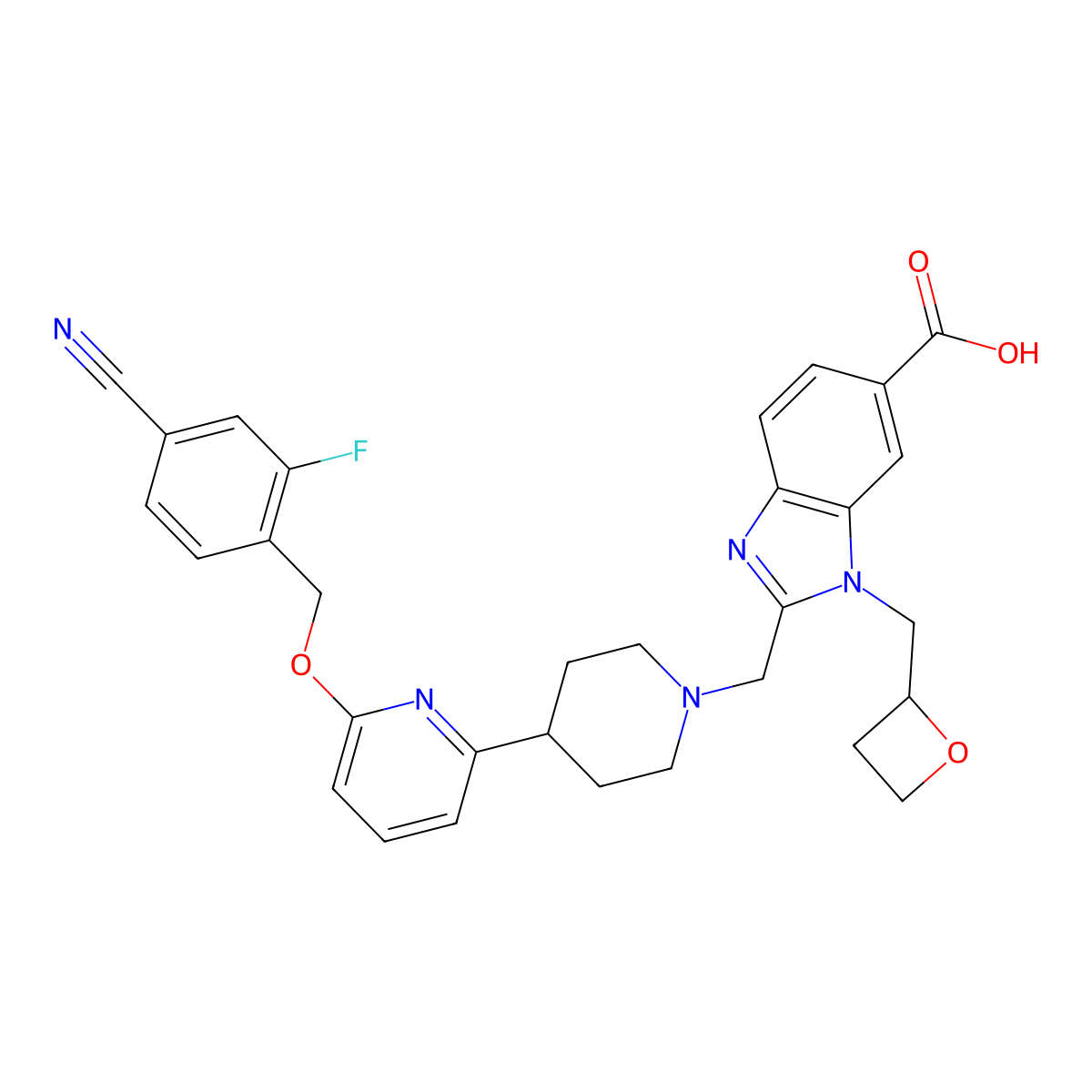 2-((4-(6-((4-Cyano-2-fluorophenyl)methoxy)-2-pyridinyl)-1-piperidinyl)methyl)-1-((2S)-2-oxetanylmethyl)-1H-benzimidazole-6-carboxylic acid molecular structure, CAS 2230198-02-2