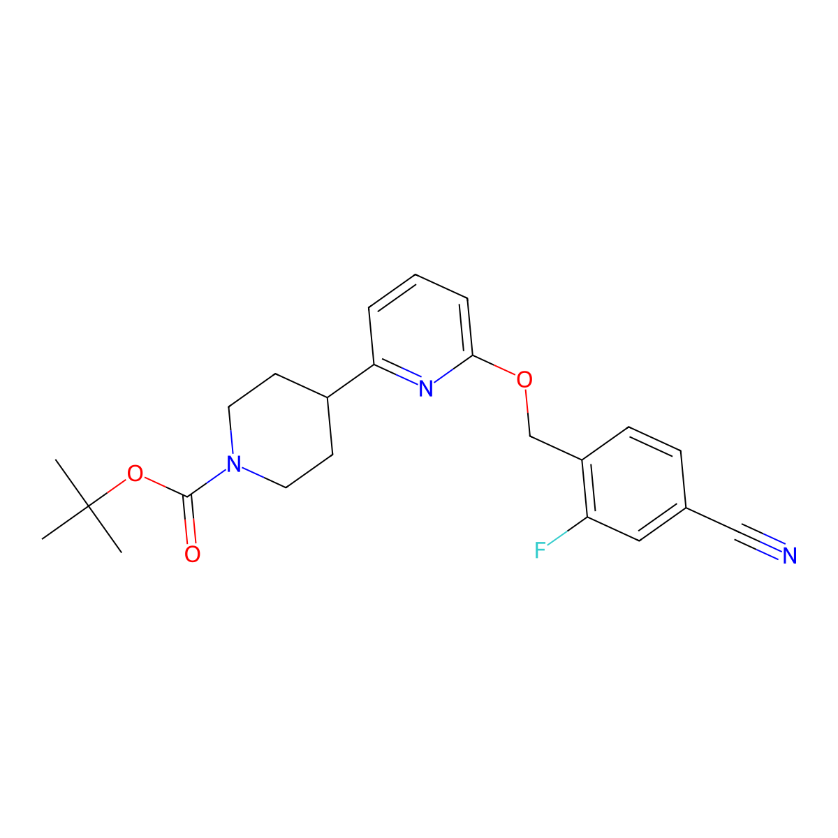 Tert-butyl 4-(6-((4-cyano-2-fluorobenzyl)oxy)pyridin-2-yl)piperidine-1-carboxylate molecular structure, CAS 2230200-28-7