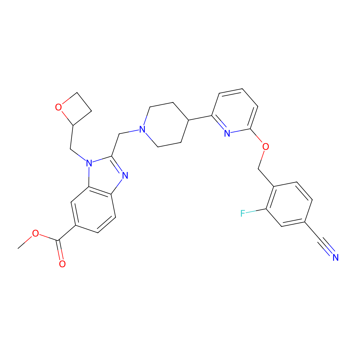 Methyl (S)-2-((4-(6-((4-cyano-2-fluorobenzyl)oxy)pyridin-2-YL)piperidin-1-YL)methyl)-1-(oxetan-2-ylmethyl)-1H-benzo[D]imidazole-6-carboxylate molecular structure, CAS 2230201-28-0