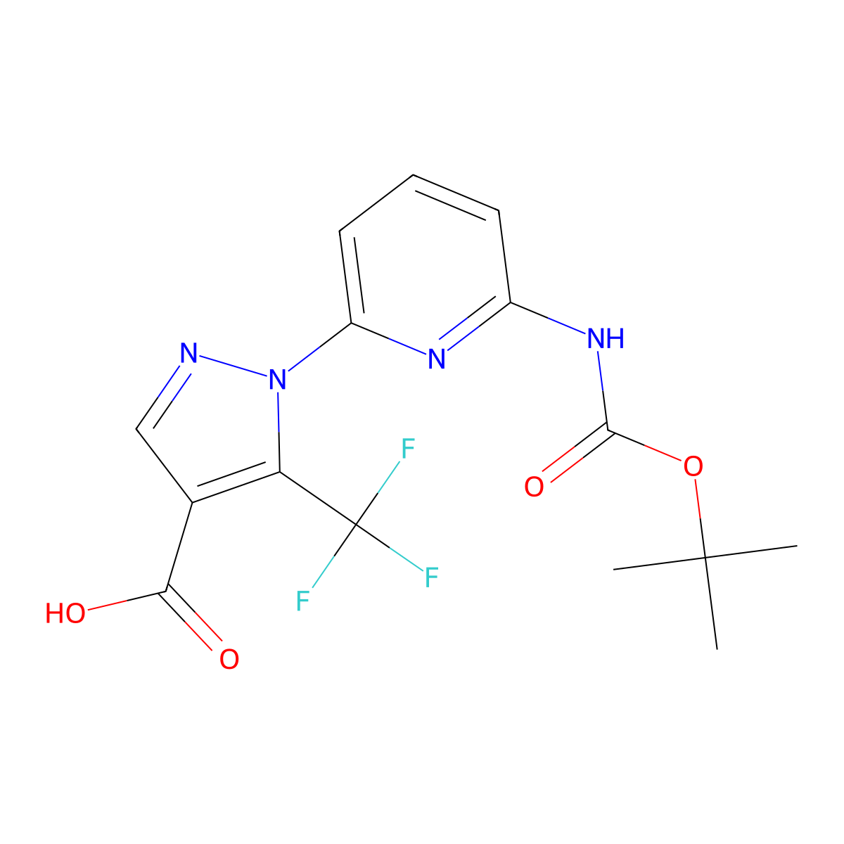 1-(6-((tert-butoxycarbonyl)amino)pyridin-2-yl)-5-(trifluoromethyl)-1H-pyrazole-4-carboxylic acid molecular structure, CAS 2230279-67-9