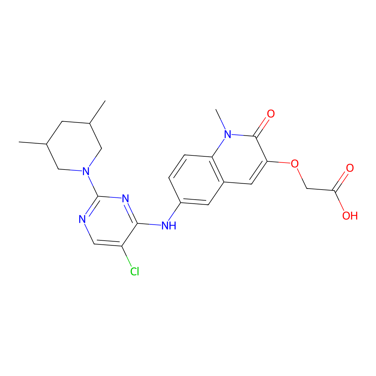 2-{[6-({5-chloro-2-[(3R,5S)-3,5-dimethylpiperidin-1-yl]pyrimidin-4-yl}amino)-1-methyl-2-oxo-1,2-dihydroquinolin-3-yl]oxy}acetic acid molecular structure, CAS 2230407-57-3