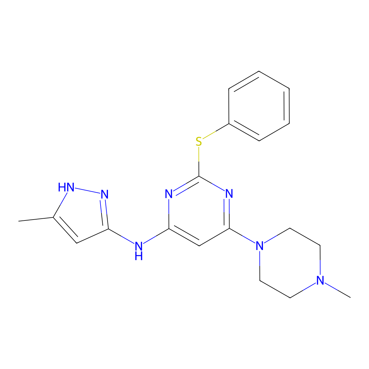 N-(3-methyl-1H-pyrazol-5-yl)-6-(4-methylpiperazin-1-yl)-2-(phenylsulfanyl)pyrimidin-4-amine molecular structure, CAS 2230603-97-9