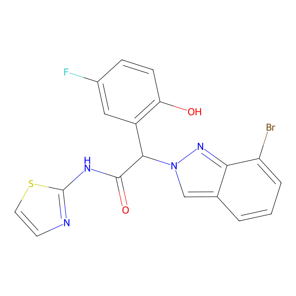 2-(7-bromo-2H-indazol-2-yl)-2-(5-fluoro-2-hydroxyphenyl)-N-(1,3-thiazol-2-yl)acetamide molecular structure, CAS 2230746-38-8