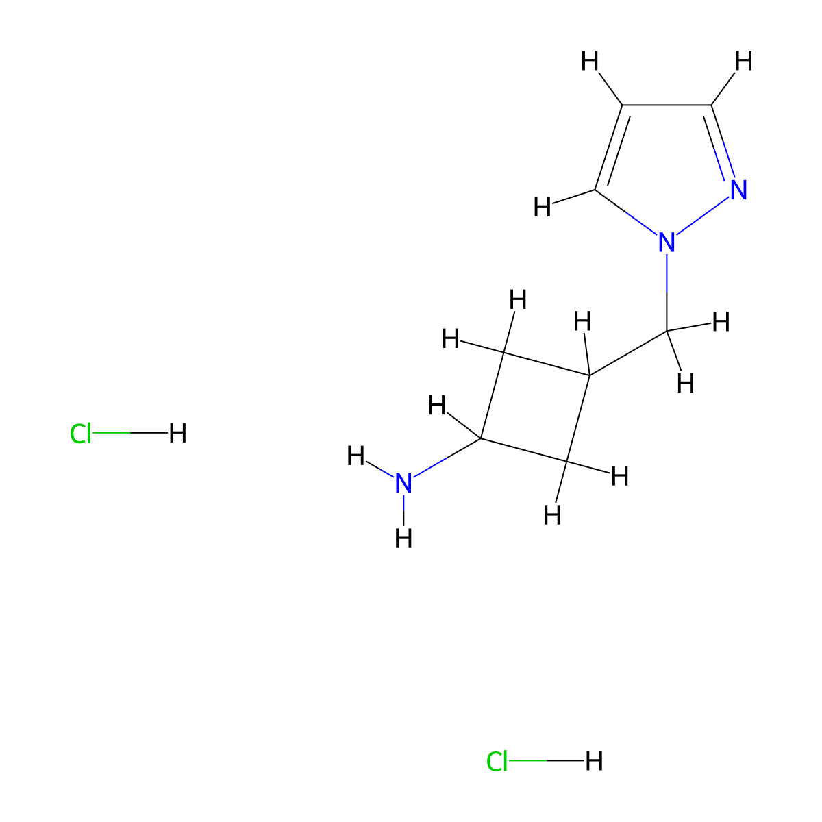 rac-(1r,3r)-3-[(1H-pyrazol-1-yl)methyl]cyclobutan-1-amine dihydrochloride molecular structure, CAS 2230789-62-3