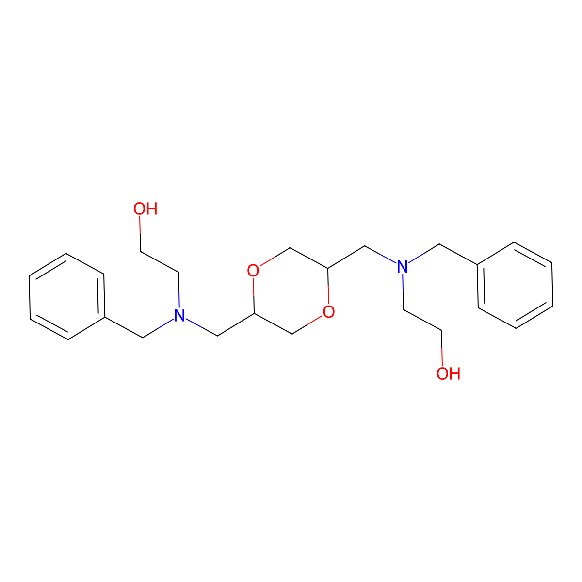 2-[benzyl({[(2R,5S)-5-{[benzyl(2-hydroxyethyl)amino]methyl}-1,4-dioxan-2-yl]methyl})amino]ethan-1-ol molecular structure, CAS 2230789-76-9