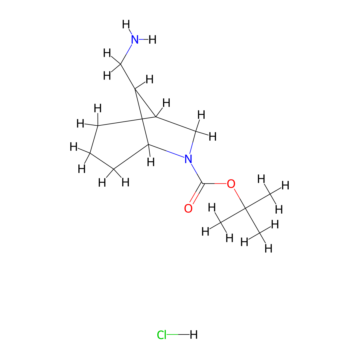 Tert-butyl 8-(aminomethyl)-6-azabicyclo[3.2.1]octane-6-carboxylate hydrochloride molecular structure, CAS 2230798-18-0