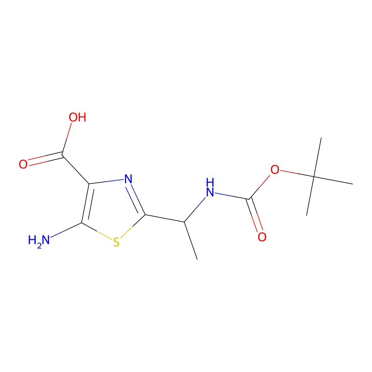5-Amino-2-(1-(((tert-butoxy)carbonyl)amino)ethyl)-1,3-thiazole-4-carboxylic acid molecular structure, CAS 2230799-73-0