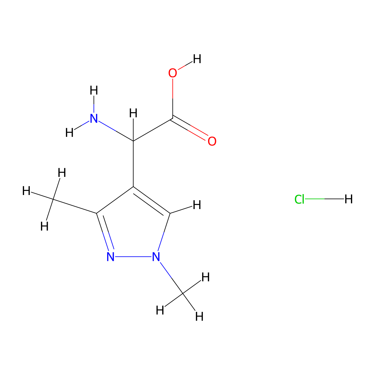 2-Amino-2-(1,3-dimethyl-1H-pyrazol-4-yl)acetic acid hydrochloride molecular structure, CAS 2230802-94-3