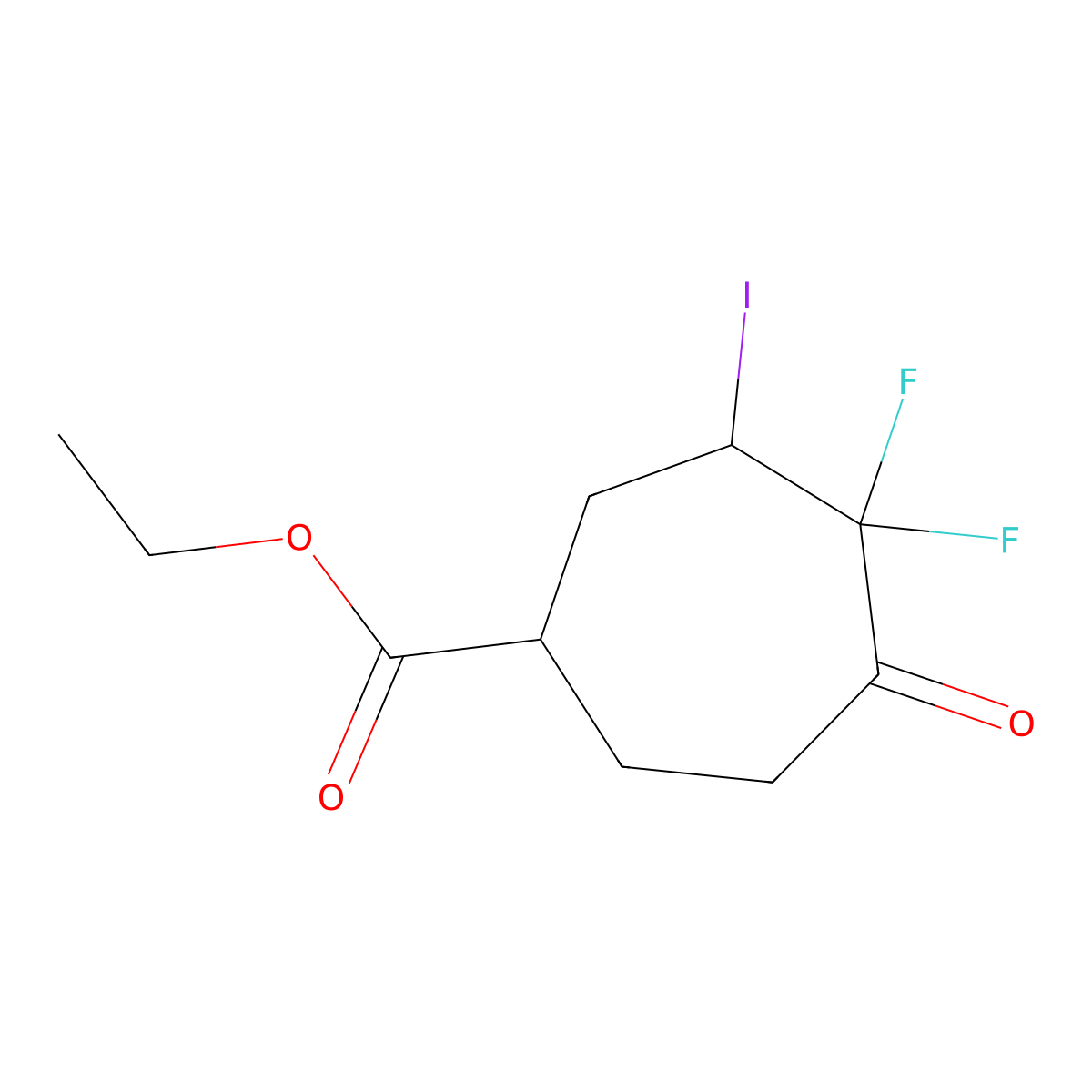 Ethyl 4,4-difluoro-3-iodo-5-oxocycloheptane-1-carboxylate molecular structure, CAS 2230803-62-8