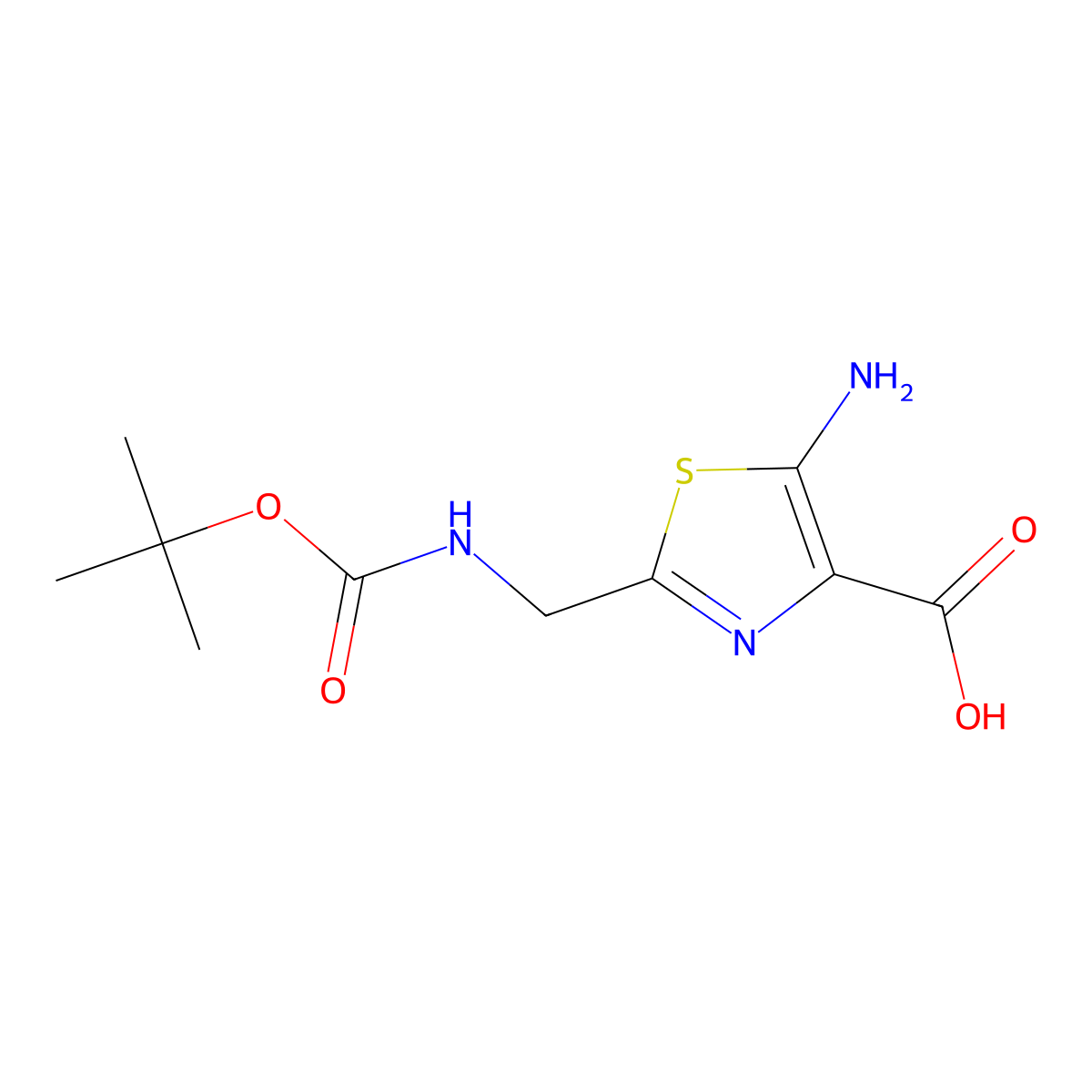 5-Amino-2-((((tert-butoxy)carbonyl)amino)methyl)-1,3-thiazole-4-carboxylic acid molecular structure, CAS 2230807-73-3