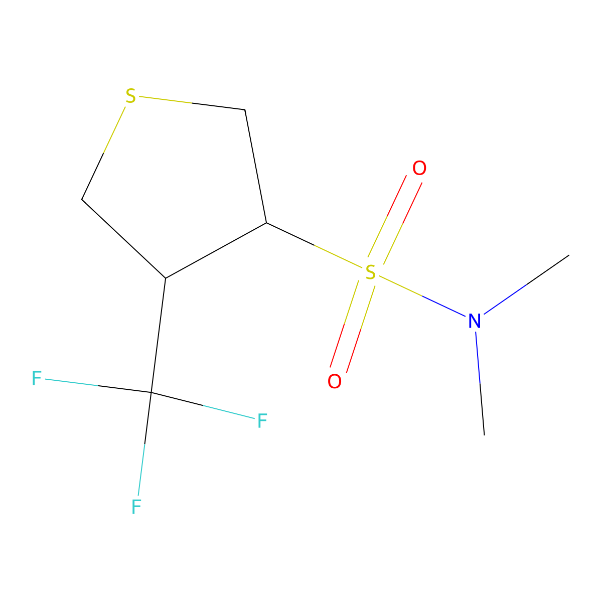 rac-(3R,4S)-N,N-dimethyl-4-(trifluoromethyl)thiolane-3-sulfonamide, trans molecular structure, CAS 2230807-90-4