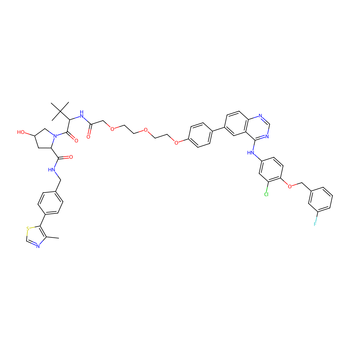 (2S,4R)-1-((S)-2-(2-(2-(2-(4-(4-((3-chloro-4-((3-fluorobenzyl)oxy)phenyl)amino)quinazolin-6-yl)phenoxy)ethoxy)ethoxy)acetamido)-3,3-dimethylbutanoyl)-4-hydroxy-N-(4-(4-methylthiazol-5-yl)benzyl)pyrrolidine-2-carboxamide molecular structure, CAS 2230821-38-0