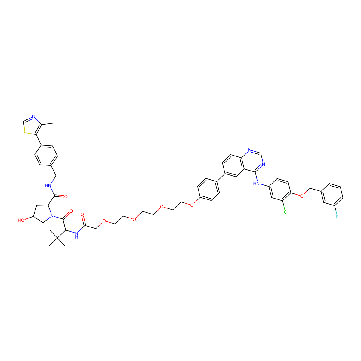 (2S,4R)-1-((S)-2-(tert-Butyl)-14-(4-(4-((3-chloro-4-((3-fluorobenzyl)oxy)phenyl)amino)quinazolin-6-yl)phenoxy)-4-oxo-6,9,12-trioxa-3-azatetradecanoyl)-4-hydroxy-N-(4-(4-methylthiazol-5-yl)benzyl)pyrrolidine-2-carboxamide molecular structure, CAS 2230821-40-4