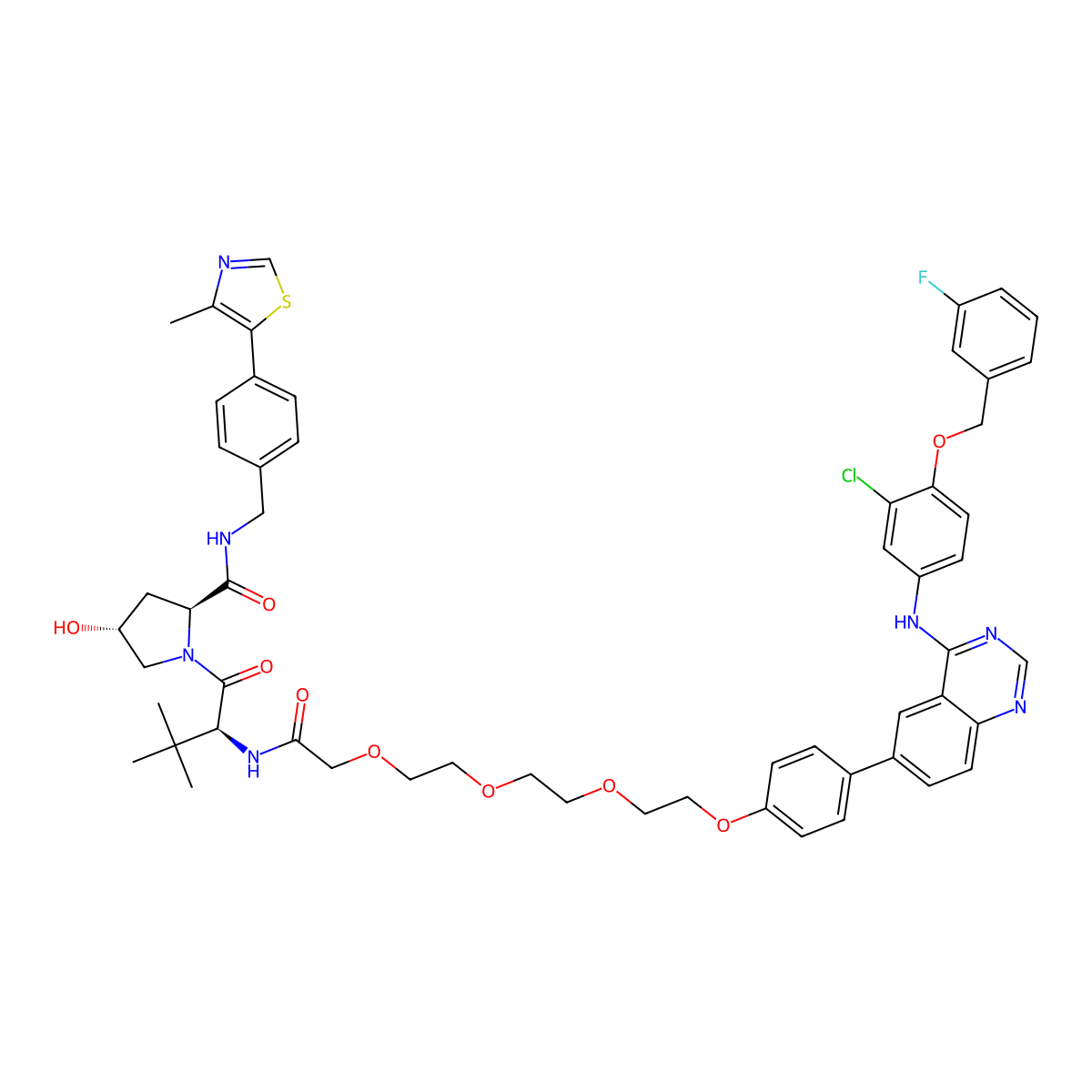 (2S,4R)-1-((S)-2-(tert-Butyl)-14-(4-(4-((3-chloro-4-((3-fluorobenzyl)oxy)phenyl)amino)quinazolin-6-yl)phenoxy)-4-oxo-6,9,12-trioxa-3-azatetradecanoyl)-4-hydroxy-N-(4-(4-methylthiazol-5-yl)benzyl)pyrrolidine-2-carboxamide molecular structure, CAS 2230821-40-4