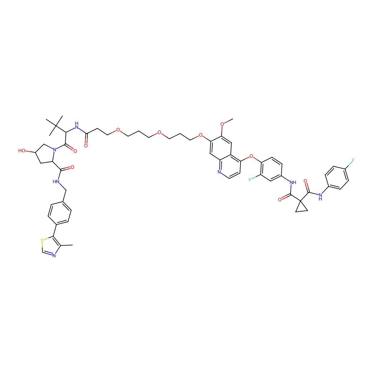 N'1-{3-fluoro-4-[(7-{3-[3-(2-{[(2S)-1-[(2S,4R)-4-hydroxy-2-({[4-(4-methyl-1,3-thiazol-5-yl)phenyl]methyl}carbamoyl)pyrrolidin-1-yl]-3,3-dimethyl-1-oxobutan-2-yl]carbamoyl}ethoxy)propoxy]propoxy}-6-methoxyquinolin-4-yl)oxy]phenyl}-N1-(4-fluorophenyl)cyclopropane-1,1-dicarboxamide molecular structure, CAS 2230821-68-6