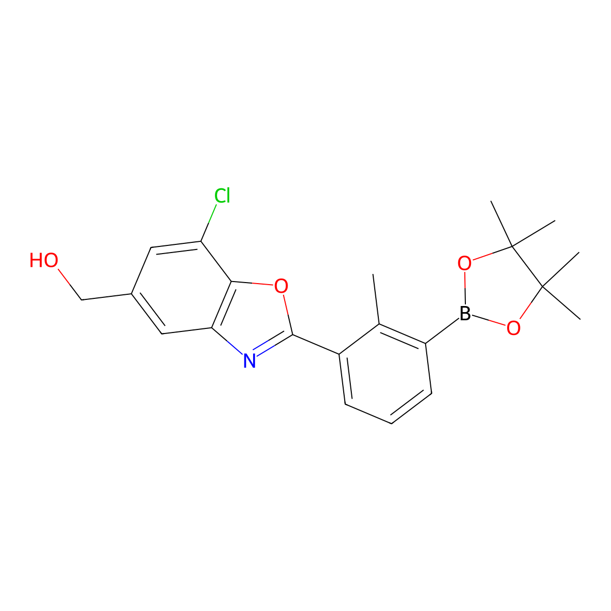(7-Chloro-2-(2-methyl-3-(4,4,5,5-tetramethyl-1,3,2-dioxaborolan-2-yl)phenyl)benzo[d]oxazol-5-yl)methanol molecular structure, CAS 2230904-26-2
