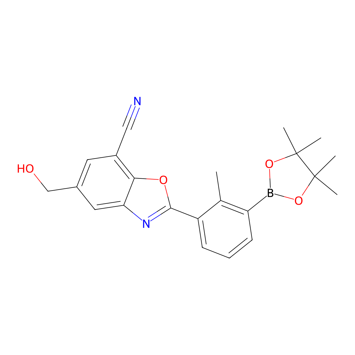 5-(Hydroxymethyl)-2-(2-methyl-3-(4,4,5,5-tetramethyl-1,3,2-dioxaborolan-2-yl)phenyl)benzo[d]oxazole-7-carbonitrile molecular structure, CAS 2230904-54-6