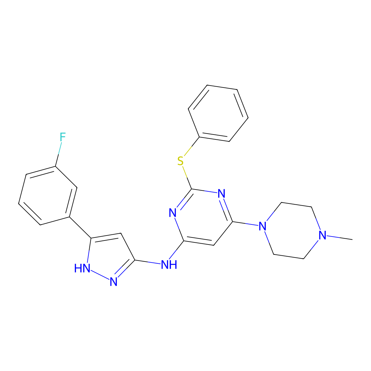 N-[5-(3-fluorophenyl)-1H-pyrazol-3-yl]-6-(4-methylpiperazin-1-yl)-2-(phenylsulfanyl)pyrimidin-4-amine molecular structure, CAS 2231038-82-5