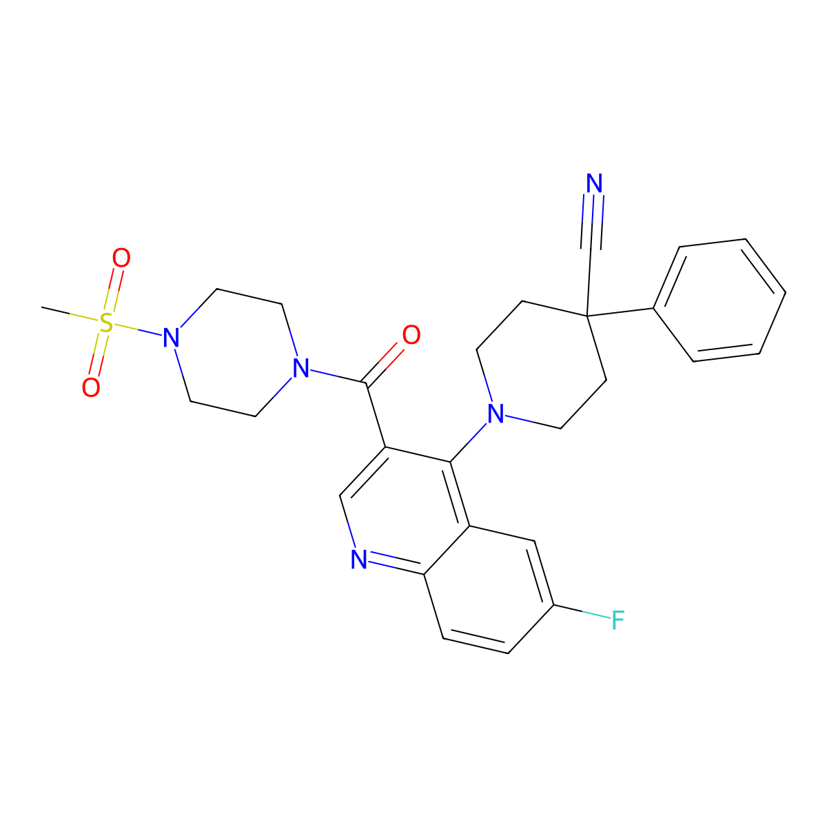 1-(6-Fluoro-3-(4-(methylsulfonyl)piperazine-1-carbonyl)quinolin-4-yl)-4-phenylpiperidine-4-carbonitrile molecular structure, CAS 2231079-74-4