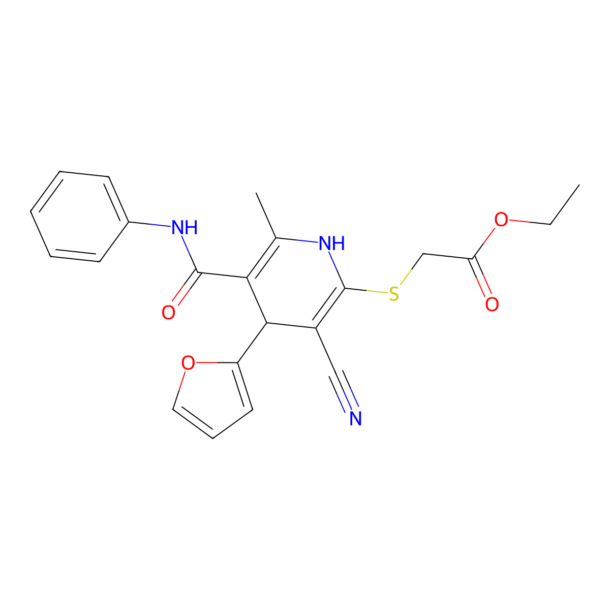 Ethyl {[3-cyano-4-(furan-2-yl)-6-methyl-5-(phenylcarbamoyl)-1,4-dihydropyridin-2-yl]sulfanyl}acetate molecular structure, CAS 223109-58-8