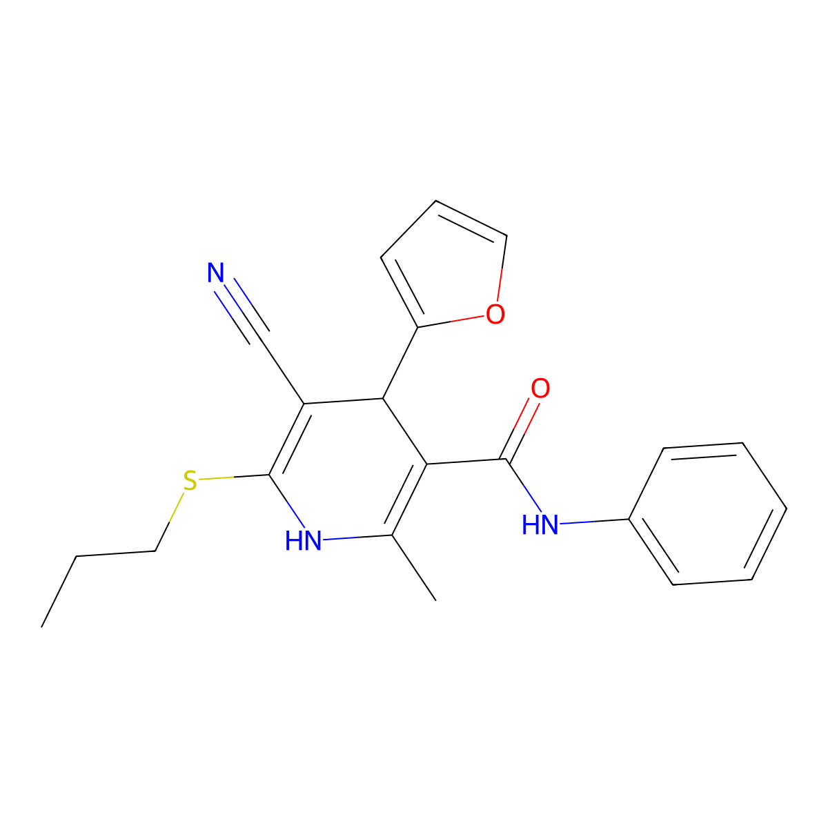 5-cyano-4-(furan-2-yl)-2-methyl-N-phenyl-6-(propylsulfanyl)-1,4-dihydropyridine-3-carboxamide molecular structure, CAS 223110-19-8