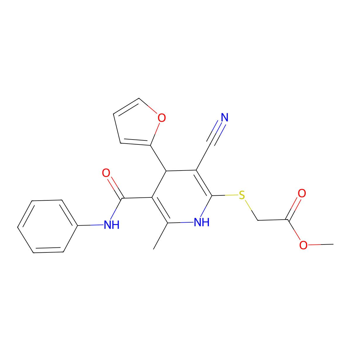 Methyl 2-{[3-cyano-4-(furan-2-YL)-6-methyl-5-(phenylcarbamoyl)-1,4-dihydropyridin-2-YL]sulfanyl}acetate molecular structure, CAS 223110-41-6
