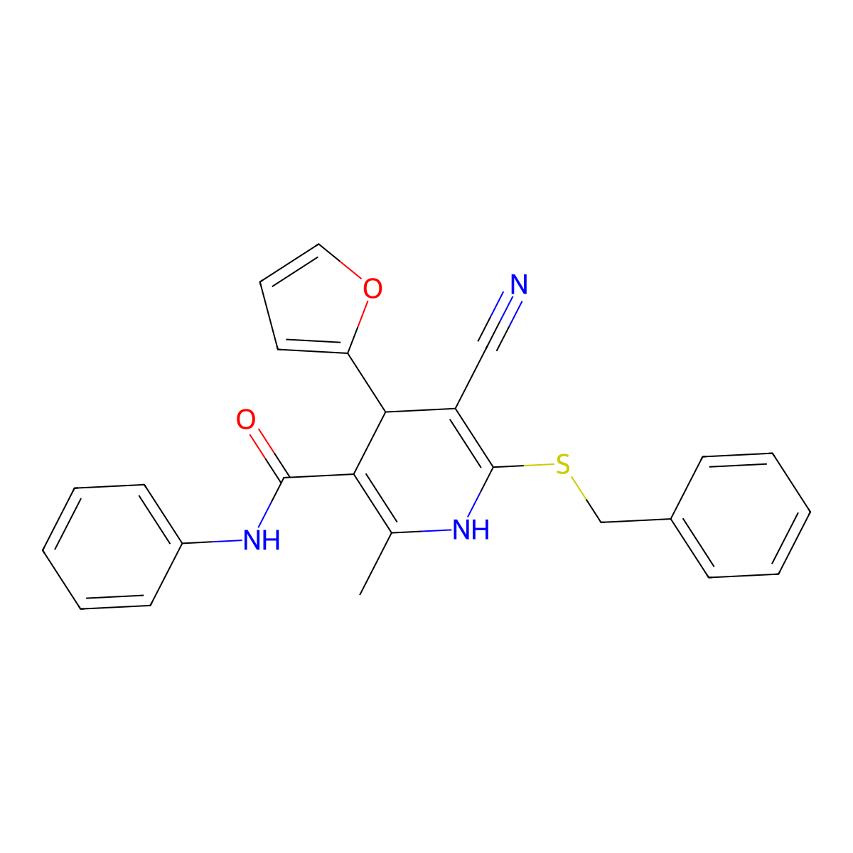 6-benzylsulfanyl-5-cyano-4-(furan-2-yl)-2-methyl-N-phenyl-1,4-dihydropyridine-3-carboxamide molecular structure, CAS 223110-47-2